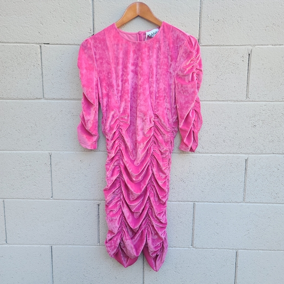 GANNI | Ruched Velvet Minidress in Shocking Pink Size Large - Picture 3 of 10